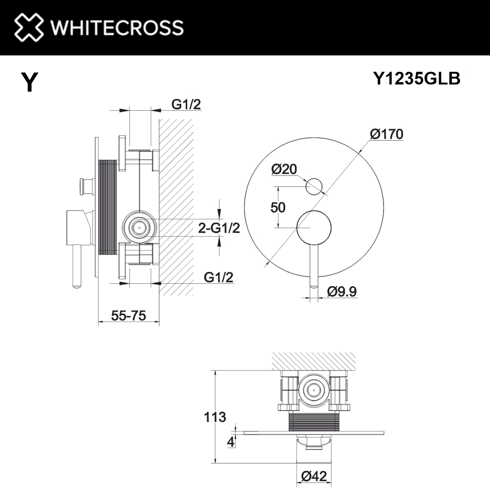 Смеситель для душа Whitecross Y brushed gold Y1235GLB брашированное золото, на 2 потребителя