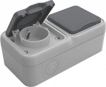 Розетка Schuko с заземлением двойная со шторками с крышкой накладная 16А 250В IP55 на винтах,  цвет серый,  серия W55 Donel