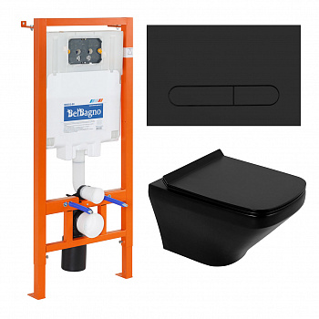 Комплект подвесной безободковый унитаз BelBagno Sela BB3201CHR-MB с сиденьем микролифт BB3201SC-MB + система инсталляции BelBagno BB002-80 с кнопкой смыва BB007-PR-NERO.M