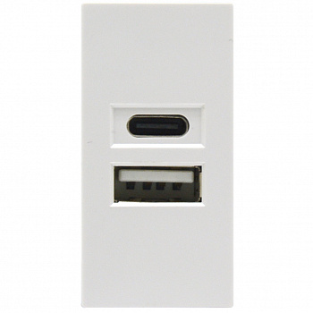 USB-зарядка 2100мA типа A+С,  1 модуль,  22.5х45мм,  цвет белый
