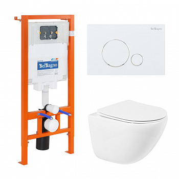 Комплект подвесной безободковый унитаз BelBagno Amanda BB051CHR с сиденьем микролифт BB051SC + система инсталляции BelBagno BB002-80 с кнопкой смыва BB014-SR-BIANCO