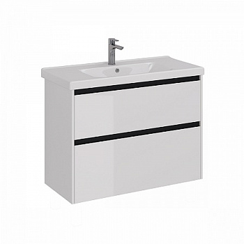 Тумба Lemark COMBI 100см под раковину, подвесн/напольн, 2 ящ, планки-Чёрный; корпус,фасад-Белый глян
