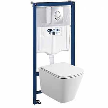Комплект подвесной безободковый унитаз Grohe Rapid SL GH 39190001 с микролифтом + система инсталляции с кнопкой смывахром глянцевый