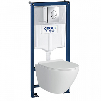 Комплект подвесной безободковый унитаз Grohe Rapid SL GH 39189001 с микролифтом + система инсталляции с кнопкой смывахром глянцевый