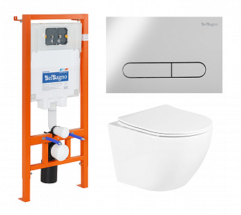 Комплект подвесной безободковый унитаз BelBagno Uno BB3105CHR/SC с сиденьем микролифт + система инсталляции BelBagno BB002-80 с кнопкой смыва BB005-PR-CH