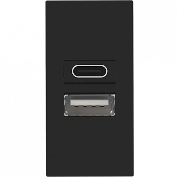 USB-зарядка 2100мA типа A+С,  1 модуль,  22.5х45мм,  цвет черный