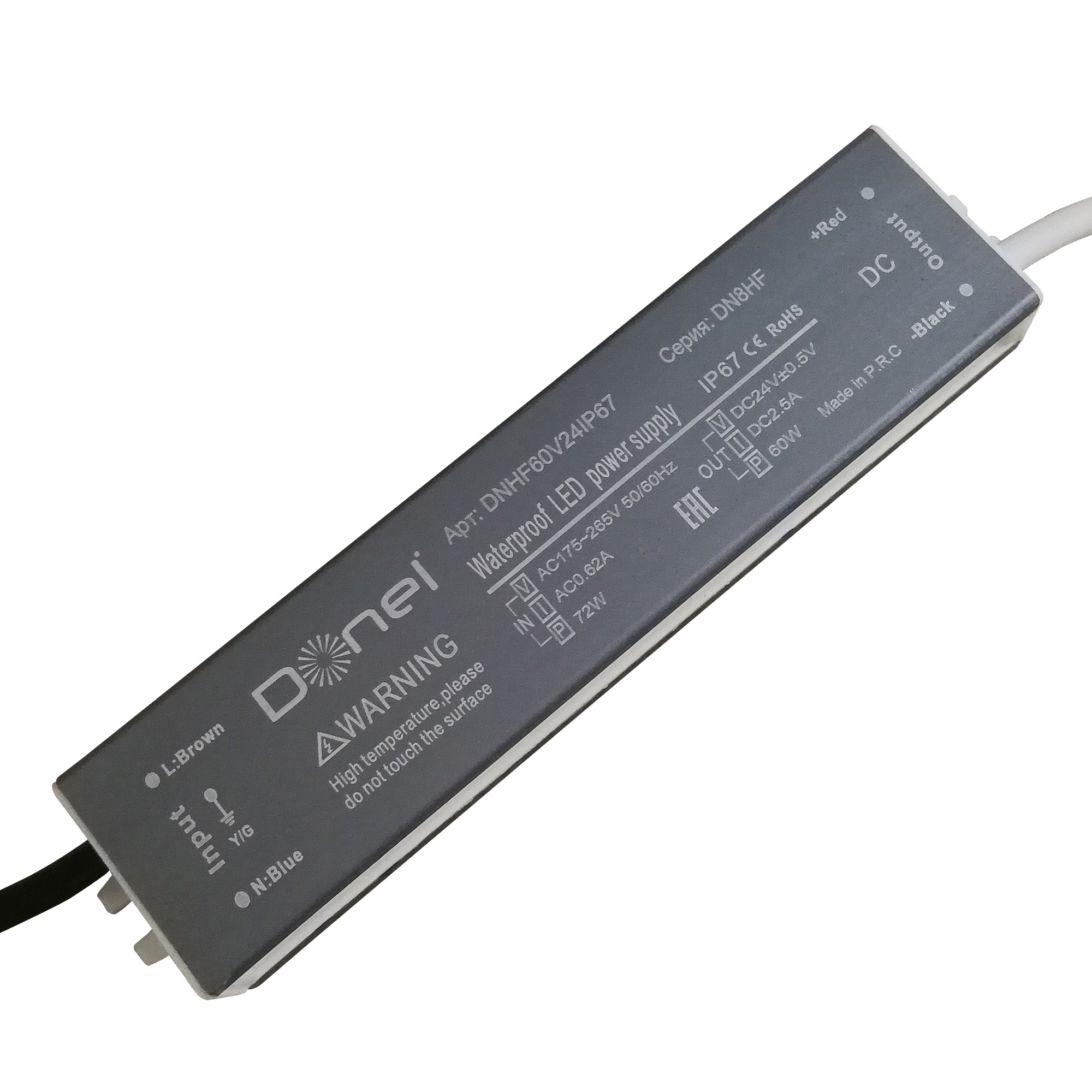 Блок питания для светодиодной ленты,  DC24В  60Вт 2.5А IP67,  размер 180х40х23мм