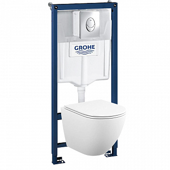 Комплект подвесной безободковый унитаз Grohe Rapid SL GH 39187001 с микролифтом + система инсталляции с кнопкой смывахром глянцевый