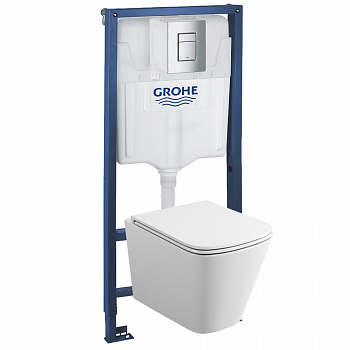 Комплект подвесной безободковый унитаз Grohe Rapid SL GH 39184001 с микролифтом + система инсталляции с кнопкой смыва хром глянцевый